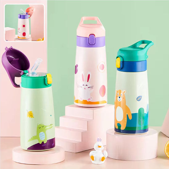 Bouteille d'eau isotherme anti-déversement avec couvercle pour enfants avec dessin animé