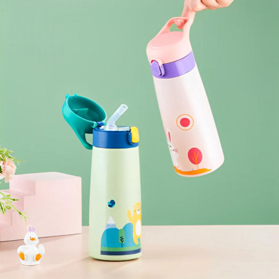 Bouteille d'eau isotherme anti-déversement avec couvercle pour enfants avec dessin animé